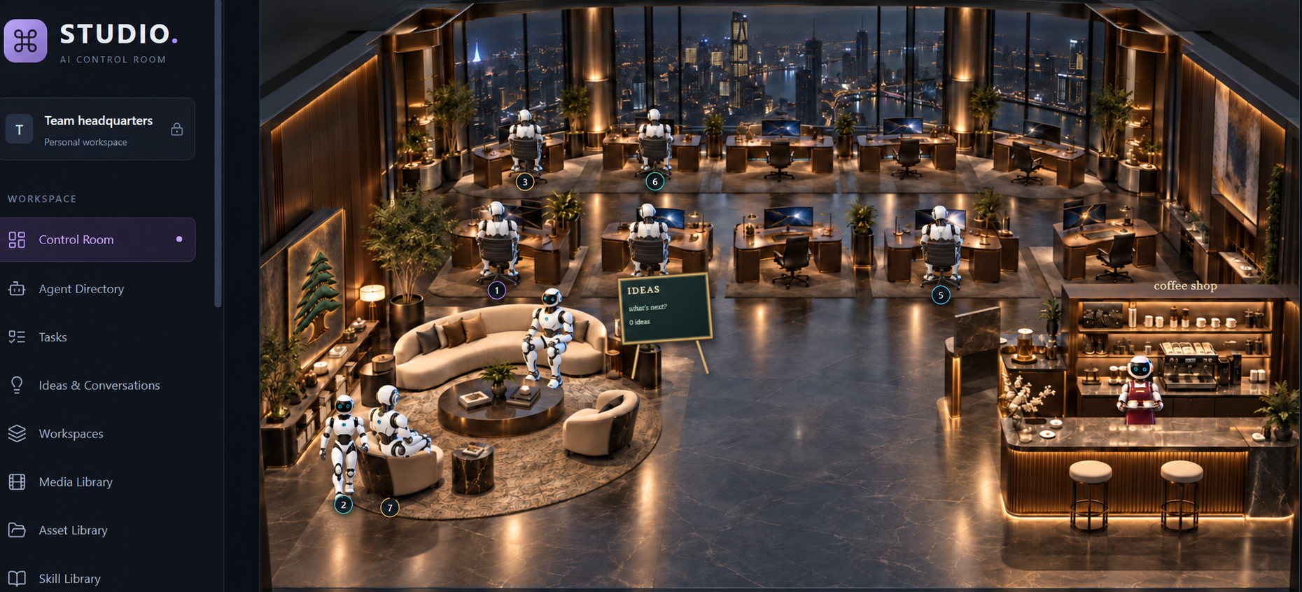 Anonymised AI Control Room interface with a team workspace, agent desks, a lounge and a coffee counter